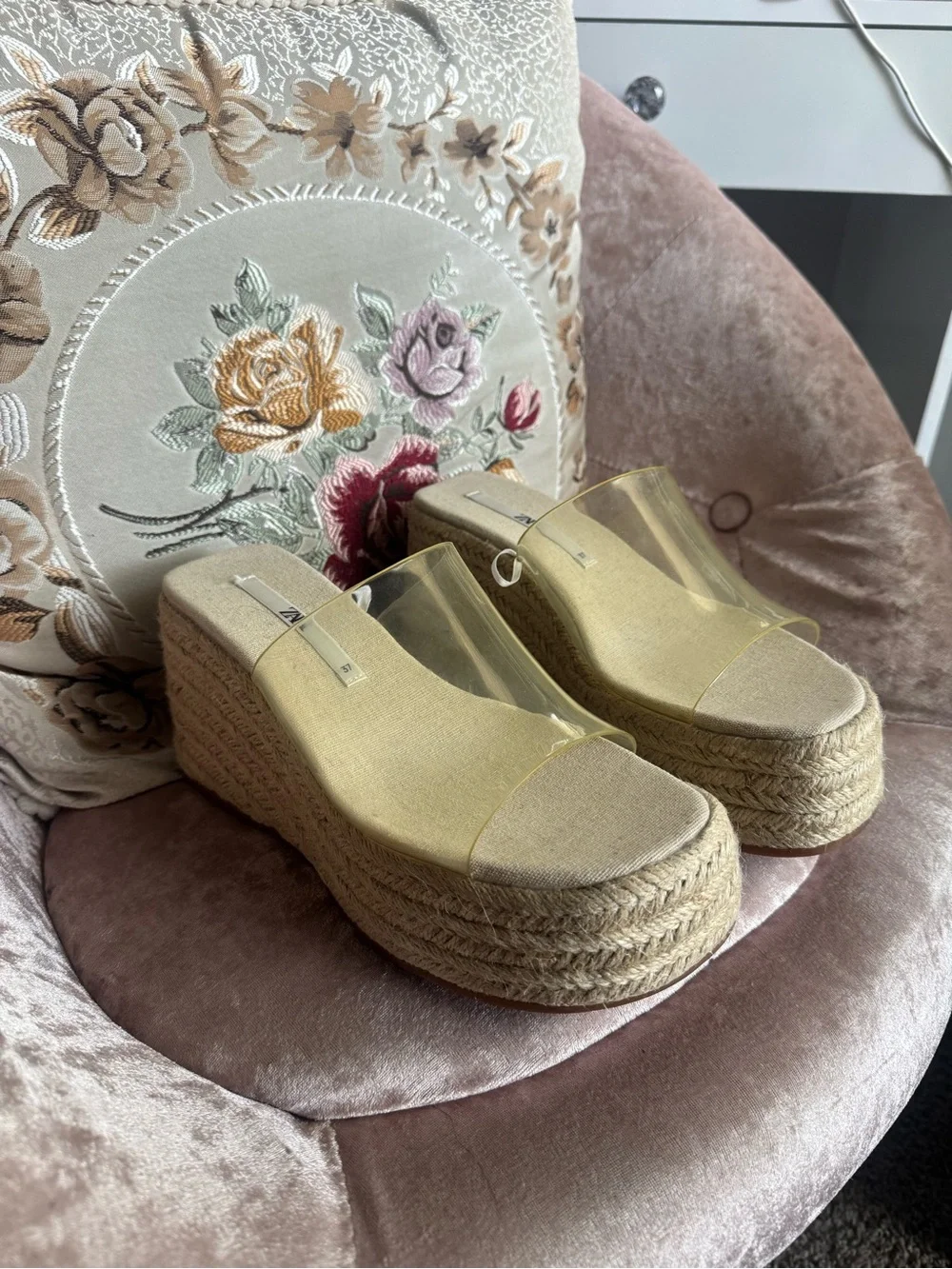 Zara Clear Strap Espadrille Platform Slides in Beige and Clear